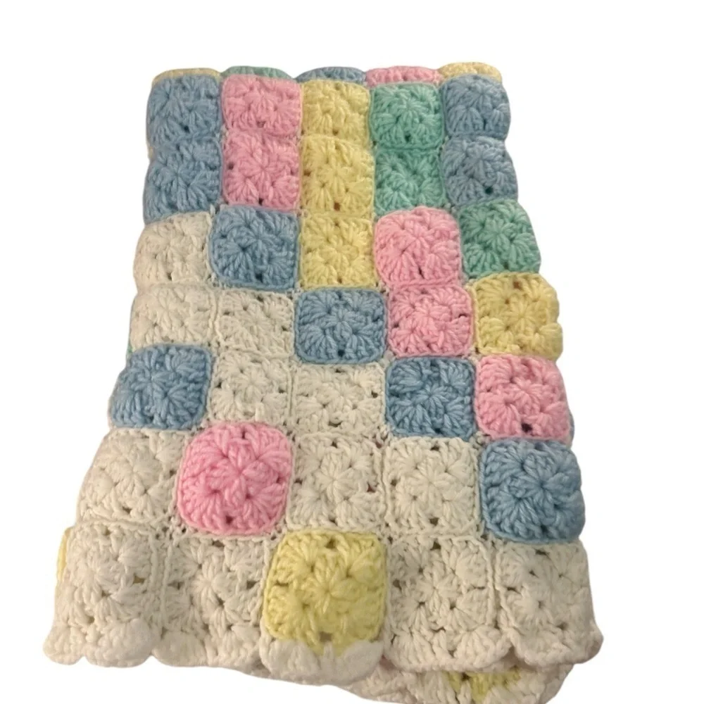 Handmade Crochet Granny Square Multi-Colored Baby Blanket Pink Blue Yellow